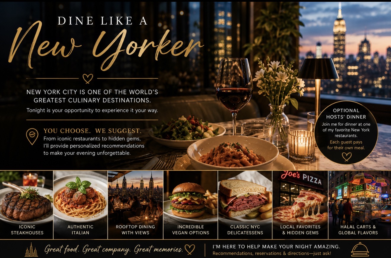 Dine Like a New Yorker — elegant rooftop dinner overlooking the Manhattan skyline with a curated collage of iconic NYC cuisine