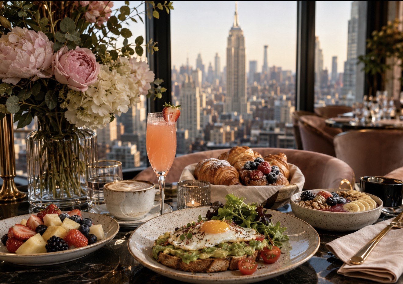 Elegant Manhattan brunch table with mimosas, croissants, and skyline view at golden hour