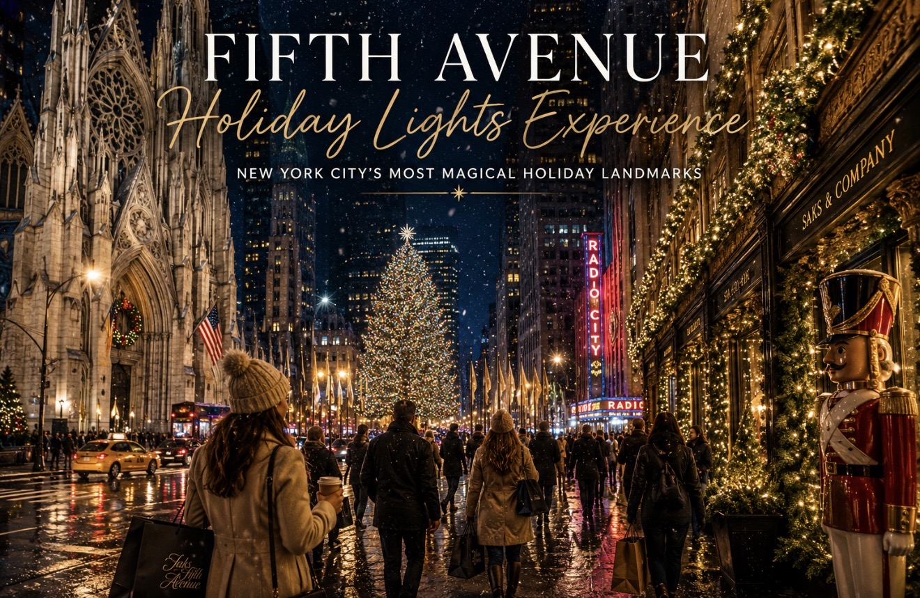 Fifth Avenue at night with St. Patrick's Cathedral, Rockefeller Center Christmas tree, Radio City Music Hall marquee, and Saks Fifth Avenue holiday windows