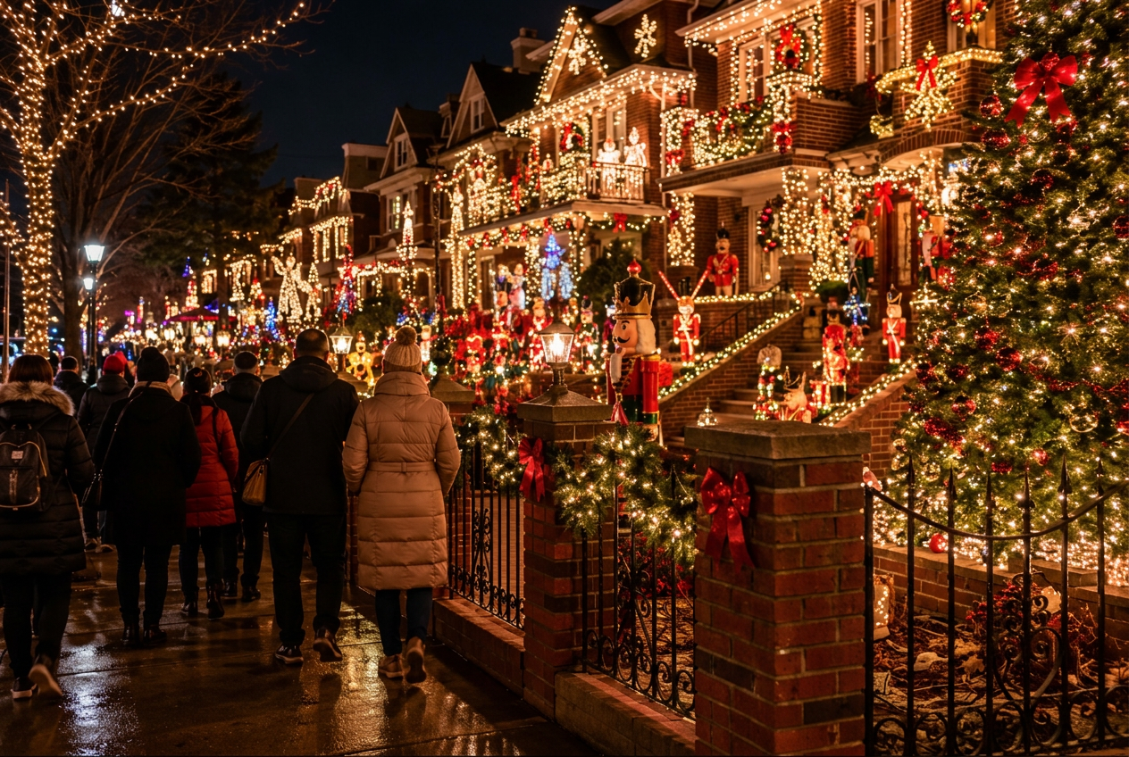 Dyker Heights Brooklyn home elaborately decorated with Christmas lights, nutcrackers, and reindeer at night