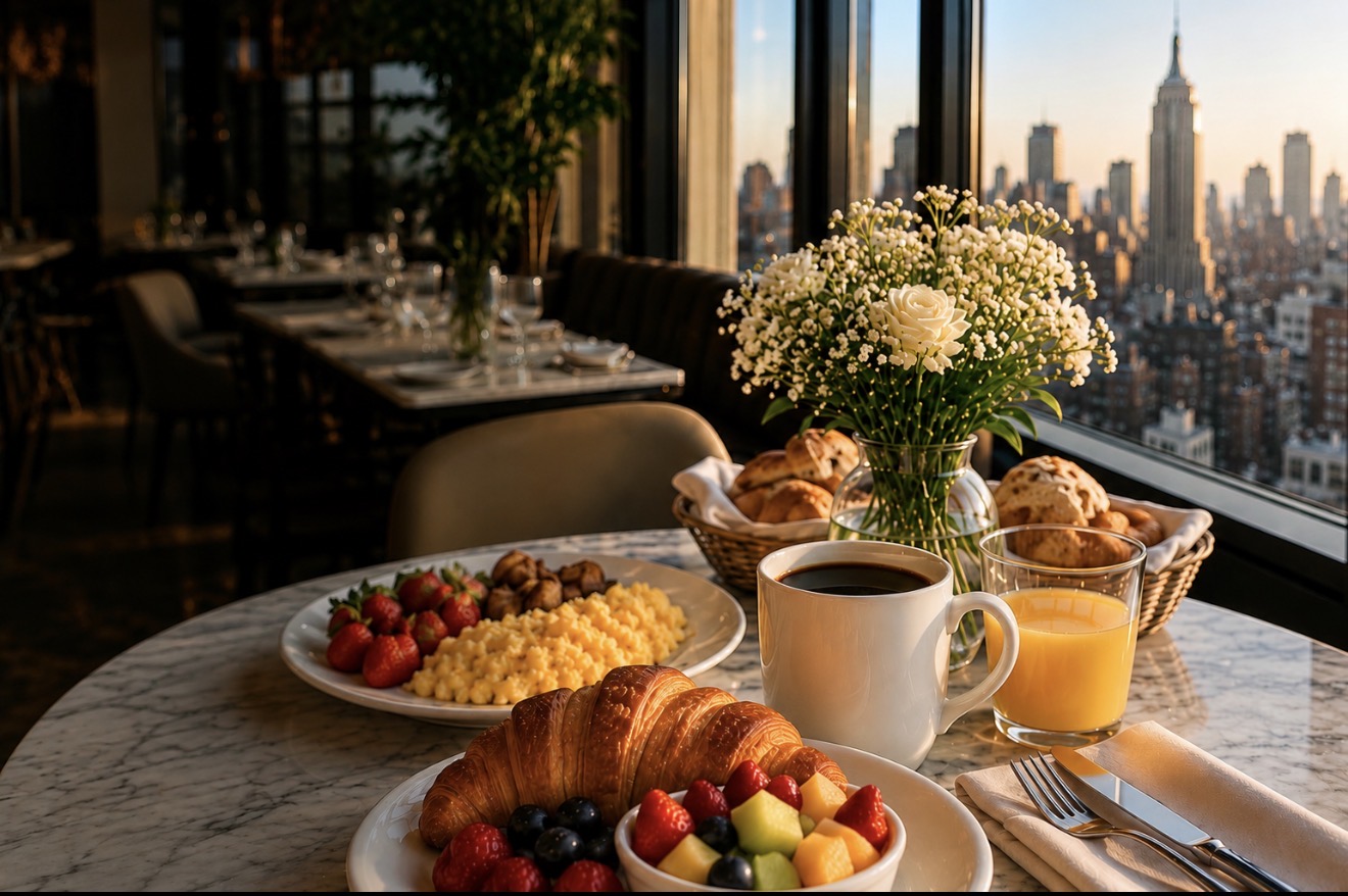 Farewell to New York — Travel Dutchess farewell breakfast overlooking the Manhattan skyline with details for the 8:00 AM to 10:00 AM breakfast and hotel departures
