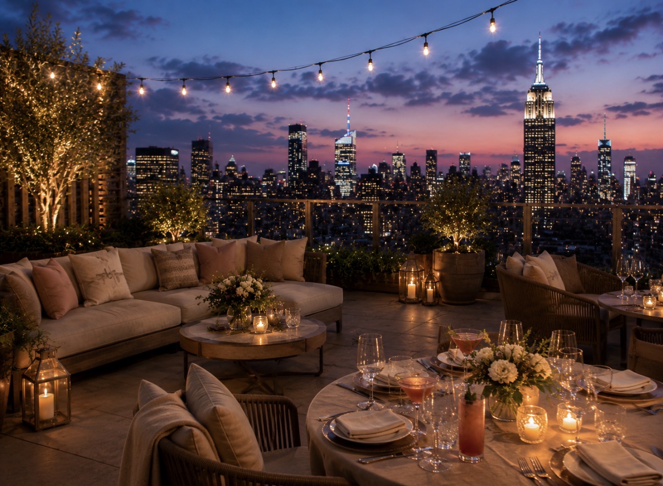 Manhattan rooftop holiday welcome reception at sunset with string lights and skyline views