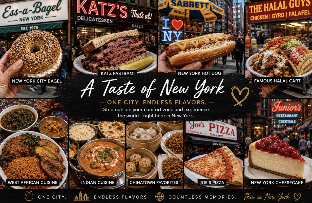 A Taste of New York collage featuring iconic NYC foods including bagels, Katz's pastrami, hot dogs, halal cart, pizza, cheesecake, and international cuisines