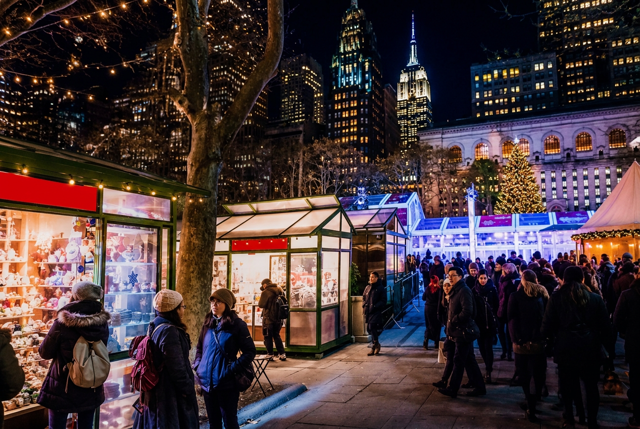 Bryant Park Winter Village glowing at night with the Manhattan skyline
