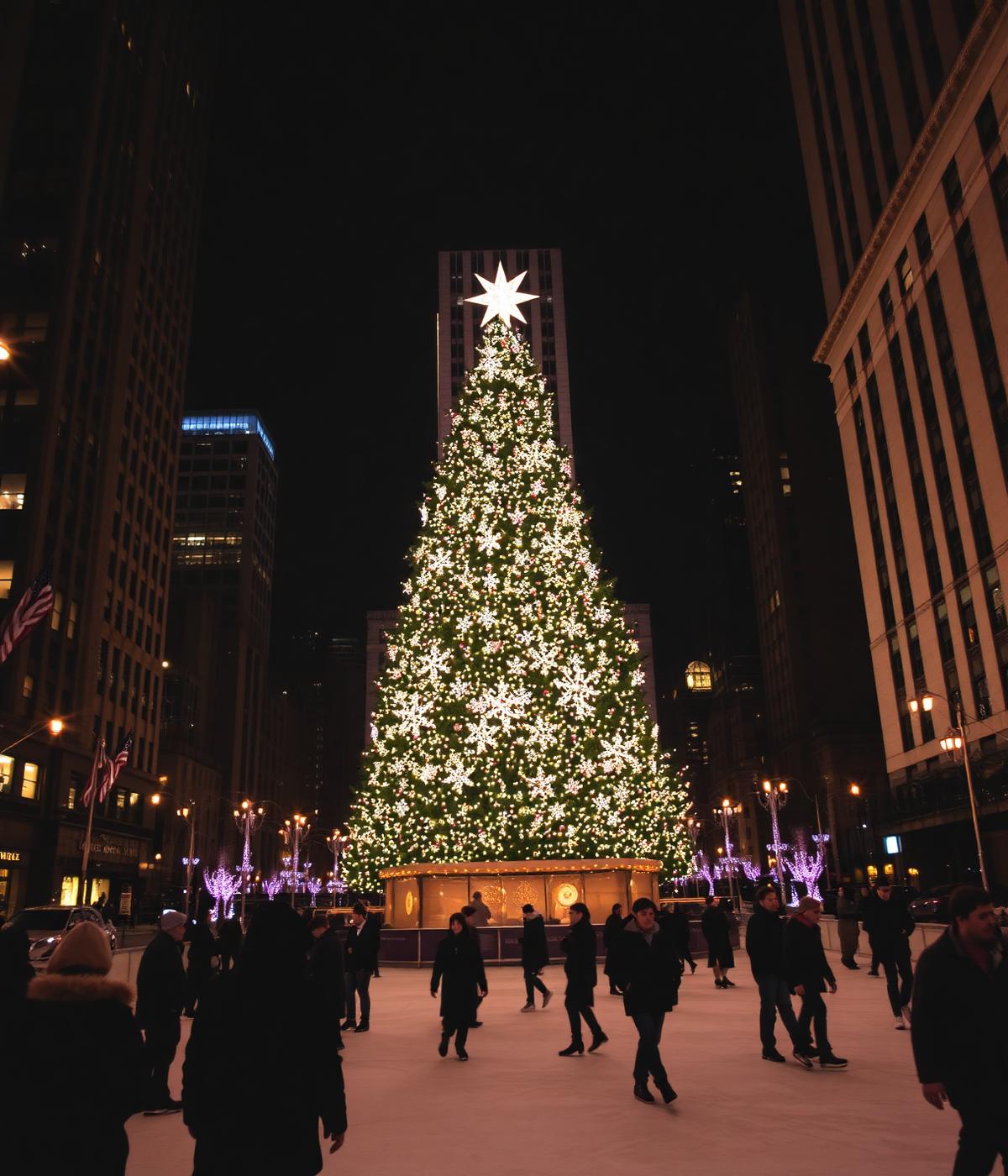 Rockefeller Center Christmas tree glowing at night in New York