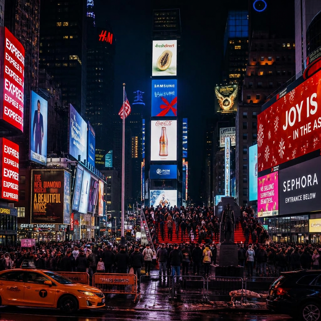 New York Times Square at night with glowing billboards and holiday lights